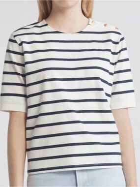 Frame Denim Navy and White Striped Top with Button Shoulder